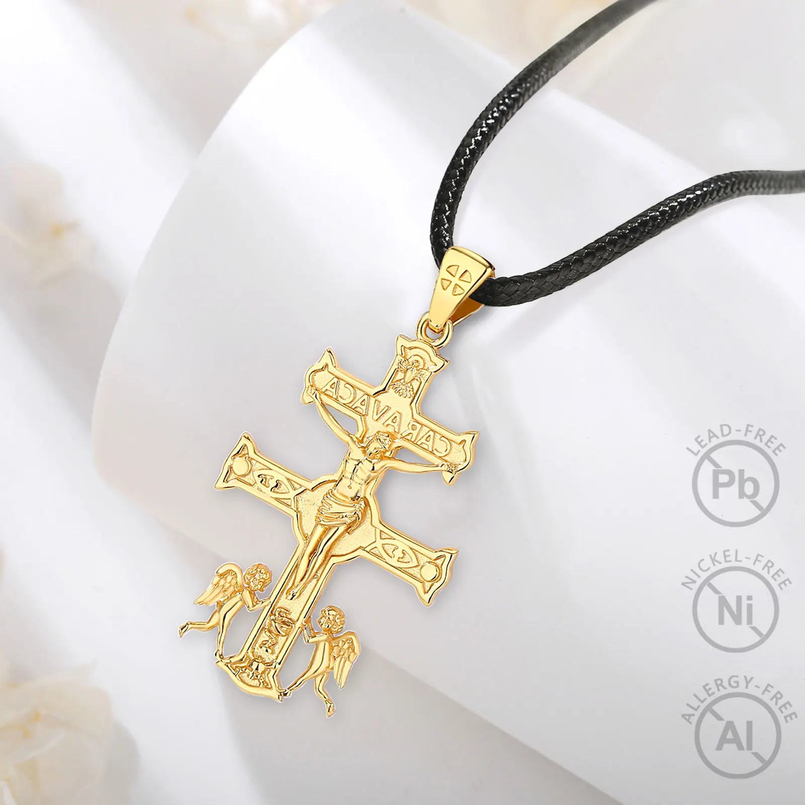 Merryshine Christian Amulet Religious Jewelry Jesus 925 Sterling Silver Double Cross Crucifix Caravaca Necklace for Men