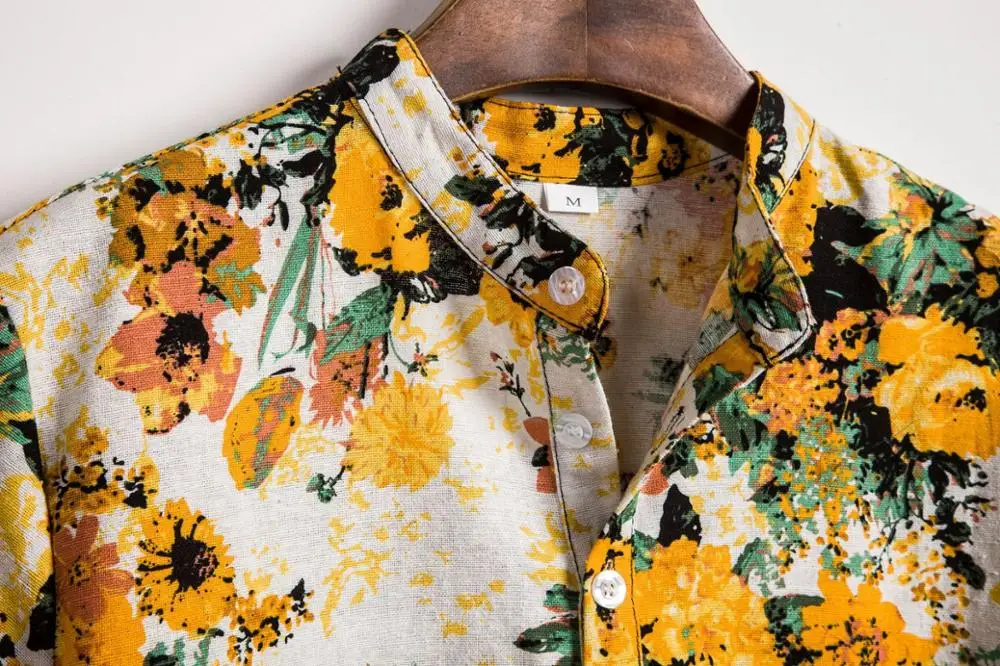 Hot sale Short Sleeve Casual Flower Cotton Linen shirt for men