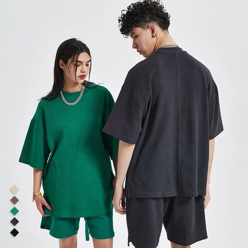 Boxy Polyester Unisex Waffle Knit Tshirt Fit Men's T Shirt Heavy Thick Collar Tee High Quality Jersey Cotton Blank 260gsm