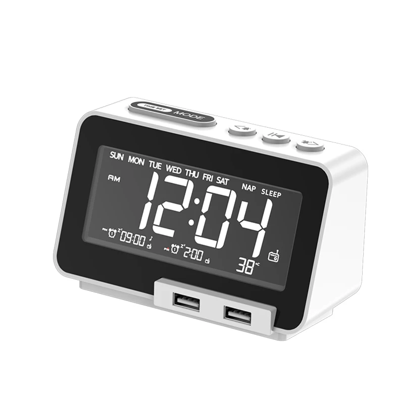 Hotel Alarm Clock Radio FM with sleep Timer Dual USB Port Charging Digital LED Display Dimming Adjustable Volume BT speaker