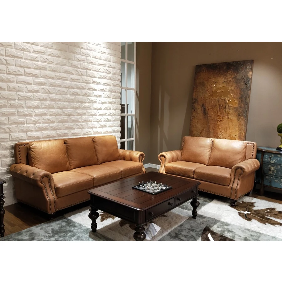 Hotel Lobby wooden handrail sectional furniture leather sofa set luxury villa  furniture for living room
