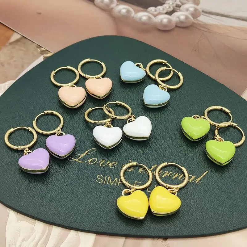 Sweet Cute Candy Color Enamel Earrings Gold Plating Titanium Steel Hoop Earrings for Girl Enamel Heart Drop Earrings