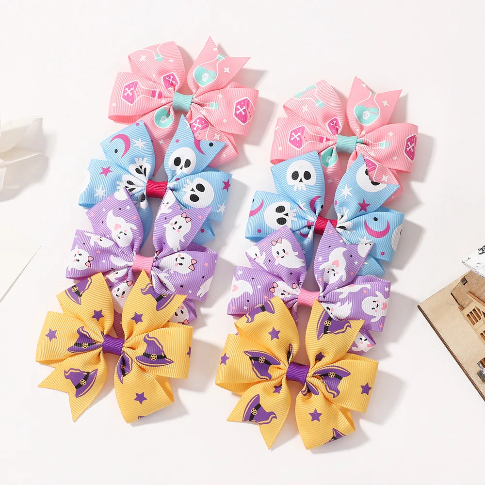 Jiamu New Design Halloween Children Ribbon Bow Hair Clips For Little Girls Black Bats Evil Halloween Hair Accessories Wholesale