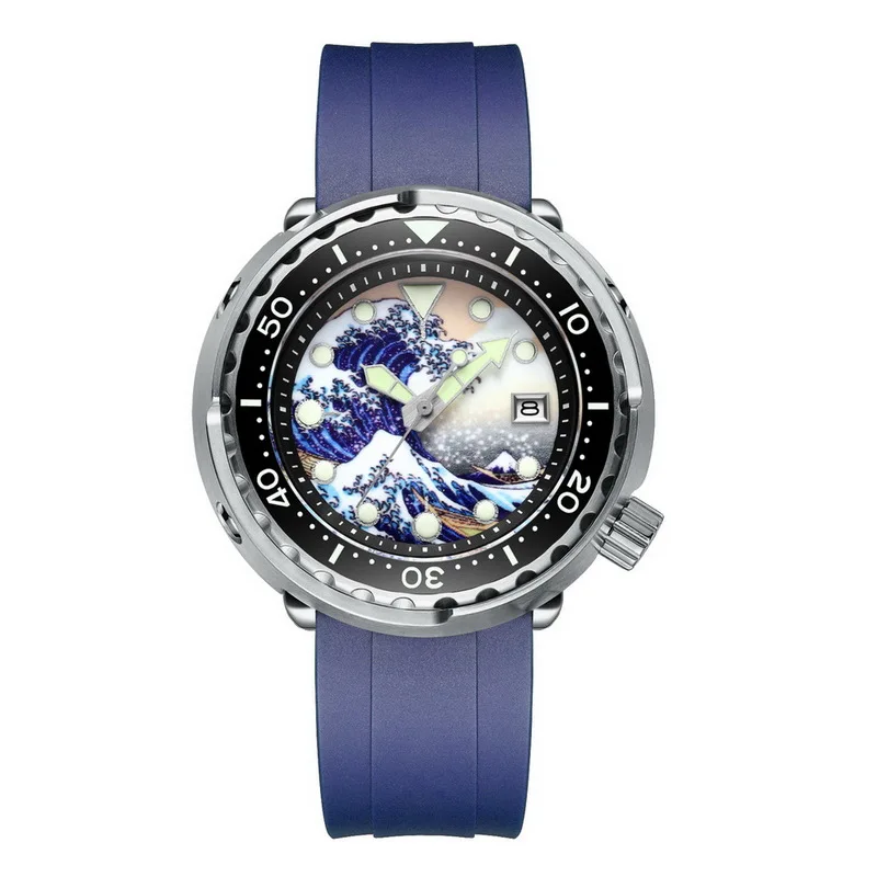 Personal made design Damascus steel watch diving watch case with ceramic insert luminous markers Helium escape diver watch