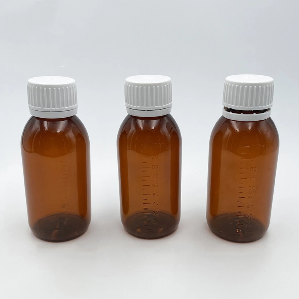 wholesale 100ml medical PET liquid amber syrup plastic bottle with white cap