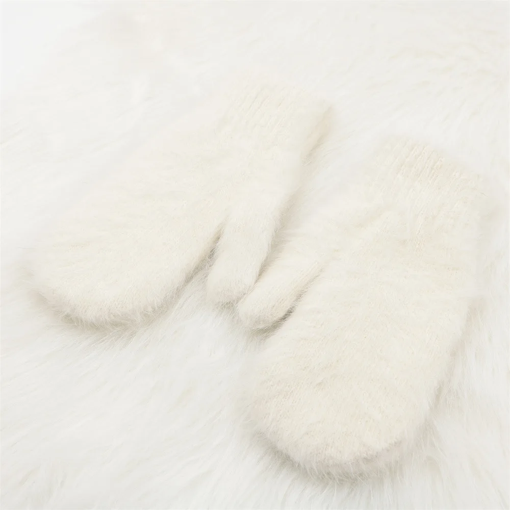 Women Ladies Solid Winter Fuzzy Rabbit Hair Blended Knitted Mittens White Hot Pink Warm Thick Warm Outdoor Mitts Gloves