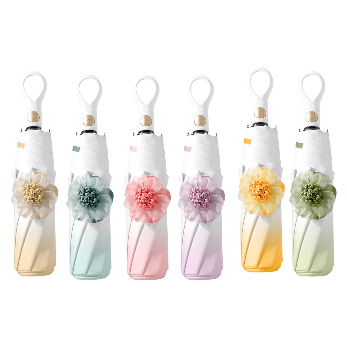 Gradient Flower Novelty Short Folding Sun and Rain Dual-Use Umbrella with Logo for Adults