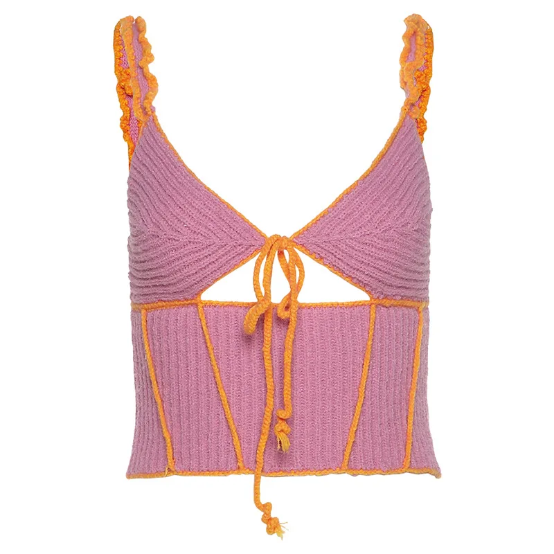 
2021 summer women wear design feeling contrast color slim vest open back hollow knitting 