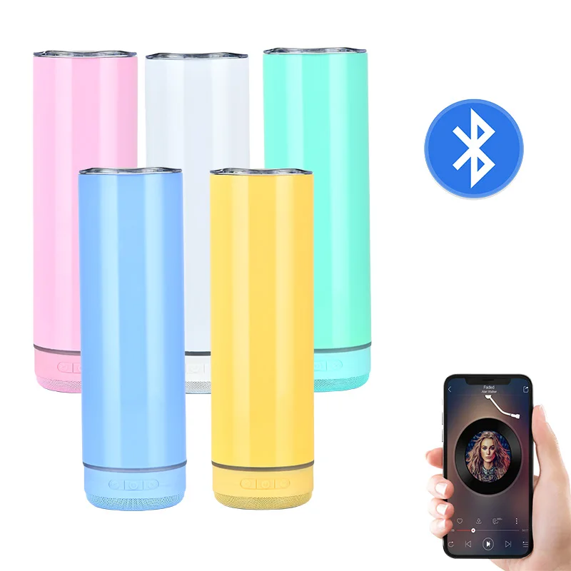 New 20oz Usb Charging White Sublimation Blanks Straight Water Bottle Non Tapered Speaker Music Cup Tumbler