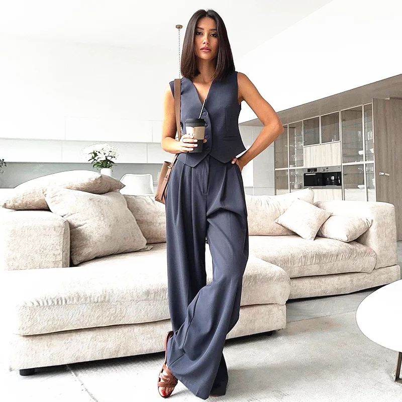 B810 Latest Design Two Piece Set Women Clothing Office Ladies Suit Waistcoats Wide Leg Pants Set 2 Piece Outfits for Women Satin
