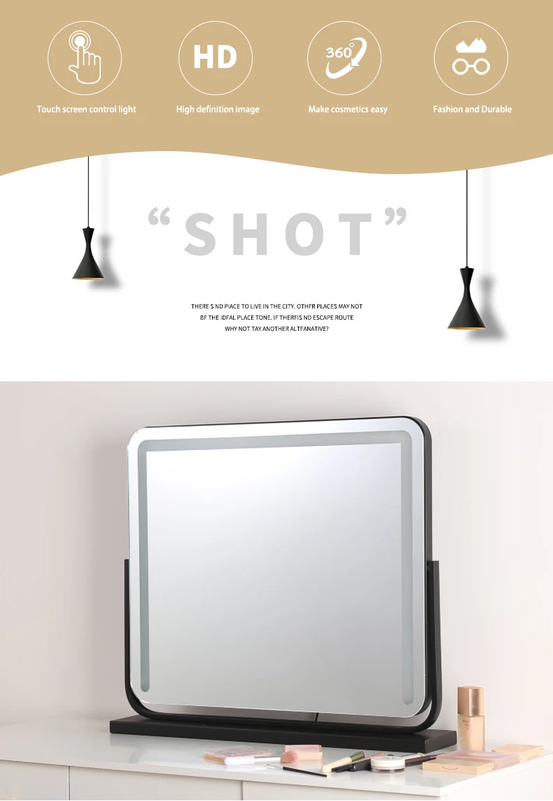 Dressing Room Bedroom Tabletop Touch Control 3 Color Lighted Up Large Vanity Makeup Mirror with Lights Dimming Led Strips