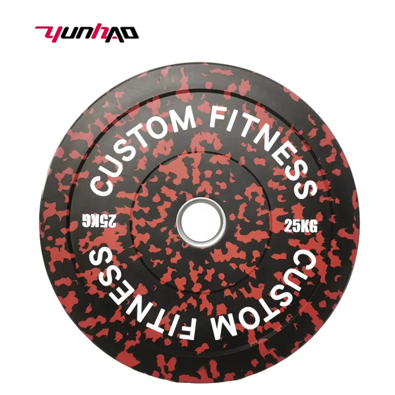 YunCheng Hot Sale Custom Logo 5-25 KG Fleck Camouflage Weightlifting Barbell Plates Change Rubber Bumper Plates Set Lbs