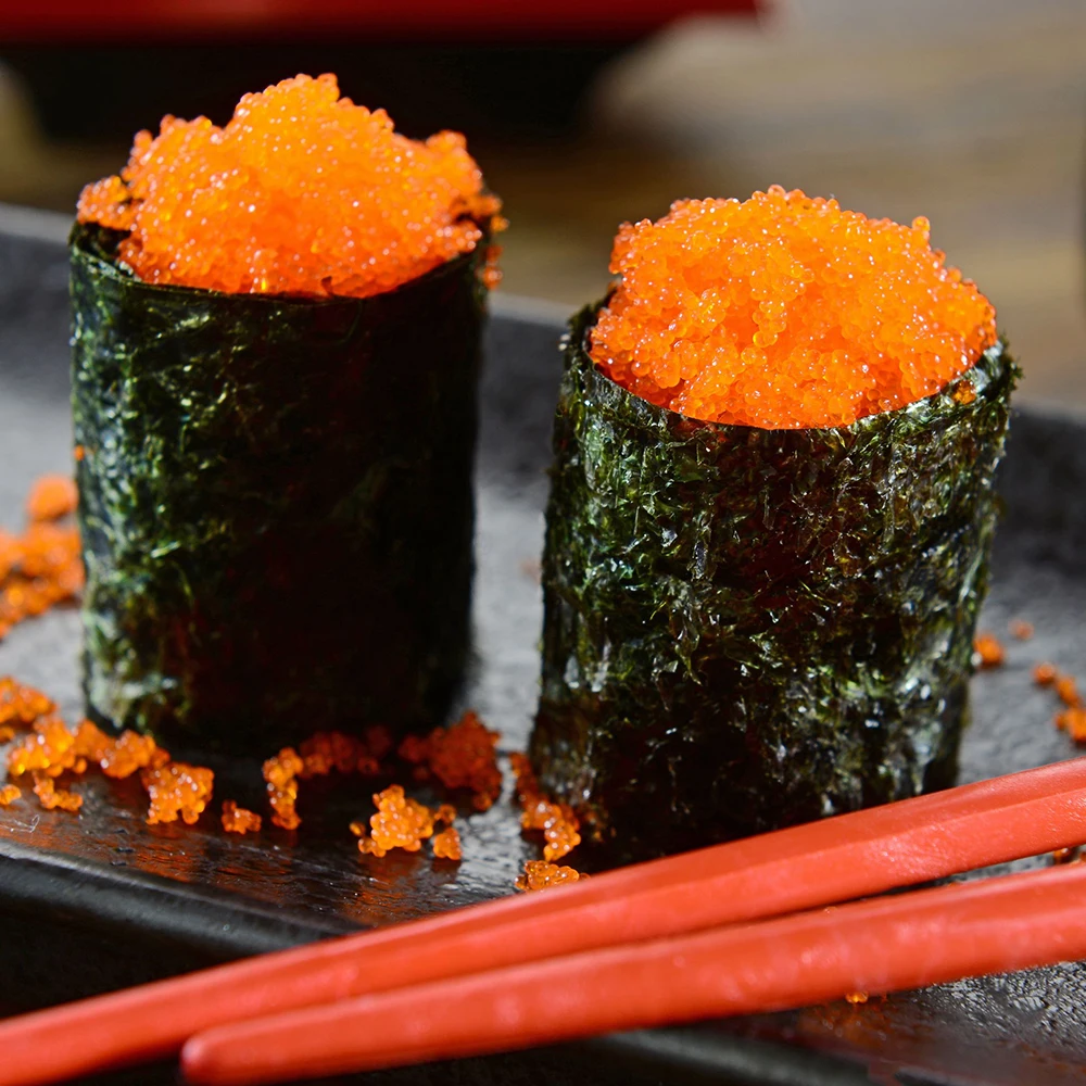 HN Factory Seafoods Frozen Masago Tobikko Hot Sale for Sushi Foods Box Packaging with Orange Green Black Yellow Red Colors