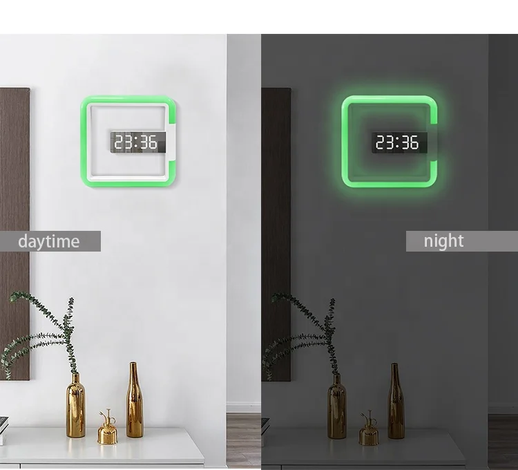 LED Mirror Wall Clock with Remote Control Creative Wall Hanging Digital Clock with Temperature 7 Color RGB Light