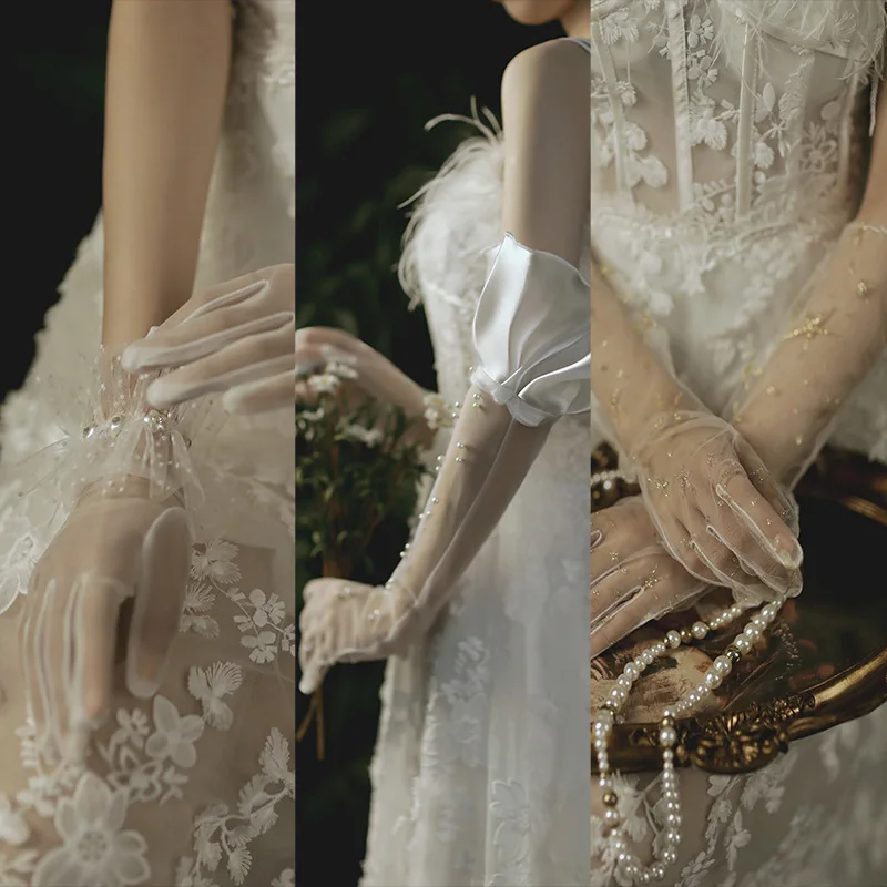 Wedding Accessories Flying Edge Long Type Pearl  Embellish Gloves