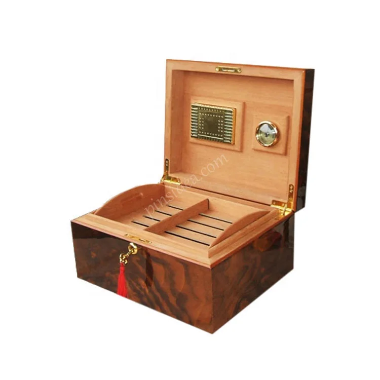 Luxury business gifts exquisite tree tumor veneer Custom Decal high gloss paint cedar large capacity cigar box humidor