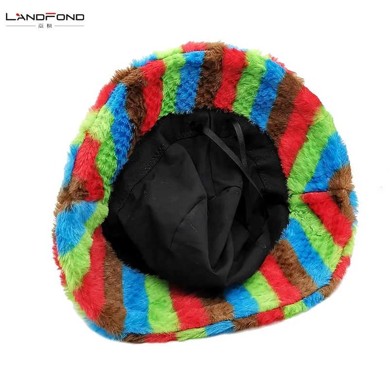 Landfond accessory Rainbow striped rabbit plush fisherman hat women winter thick warm bucket hats
