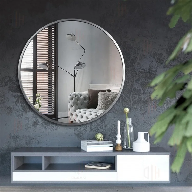 Buy Gold Black Silver Aluminum Alloy Large Metal Frame Circle Round Brushed Mounted Bathroom Wall Mirror for Sale espejo