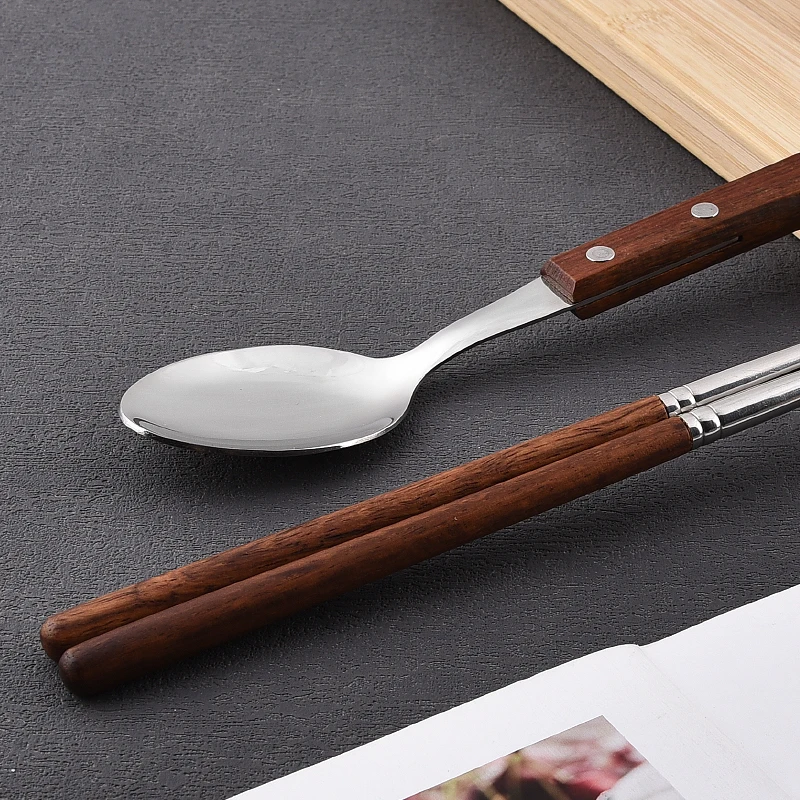 wholesale good chinese cheap spoon fork knife flatware metal stainless steel cutlery set with wooden handle flatware