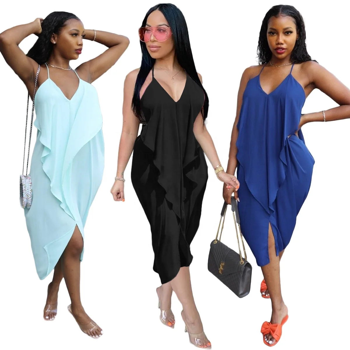 
RX-Q77210 Hot sales irregular chiffon backless women summer casual sexy slit ruffles solid v neck dress slip maxi dress ladies 