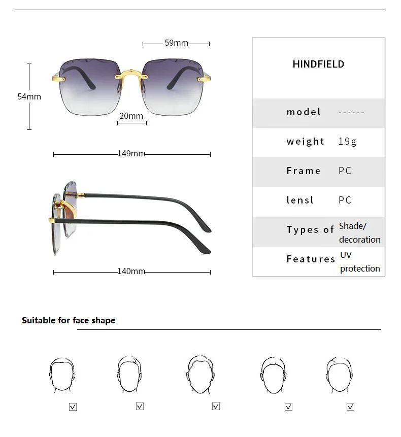 Luxury Rimless Square Sunglasses Woman Brand Designer Frameless Gradient Sun Glasses Man Fashion Vintage