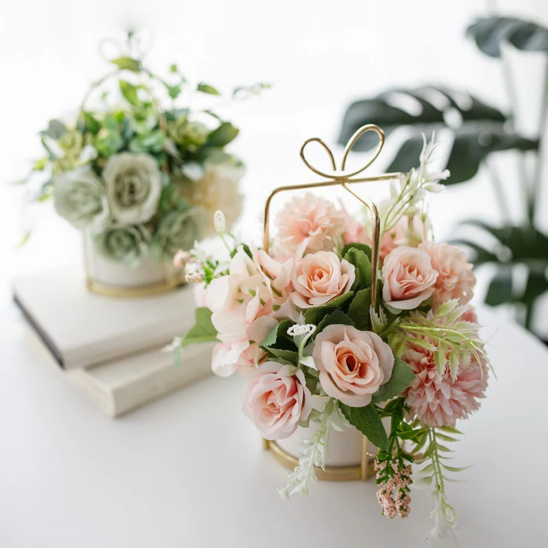 Artificial Flower Hanging Planter Pot Artificial Flower Set with Ceramic Golden Vase for Wedding Home Decor