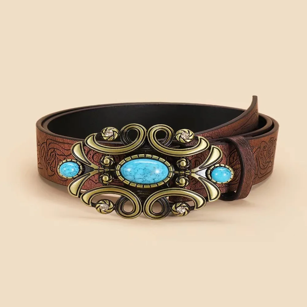 Fashion alloy vintage hundred with belt brown belt  turquoise print ethnic pu belt for women