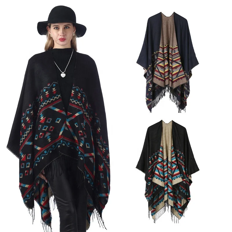 Free Sample Winter Wear Wool Shawl Double Sided Shawl Winter Thick Viscose Warm Women Poncho