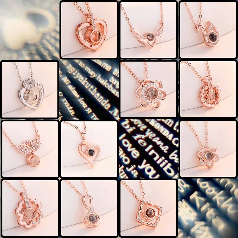
Fashion Valentines Day Jewelry Gift 100 Languages Love Memory I Love You Projection Rose Gold Women Necklace 