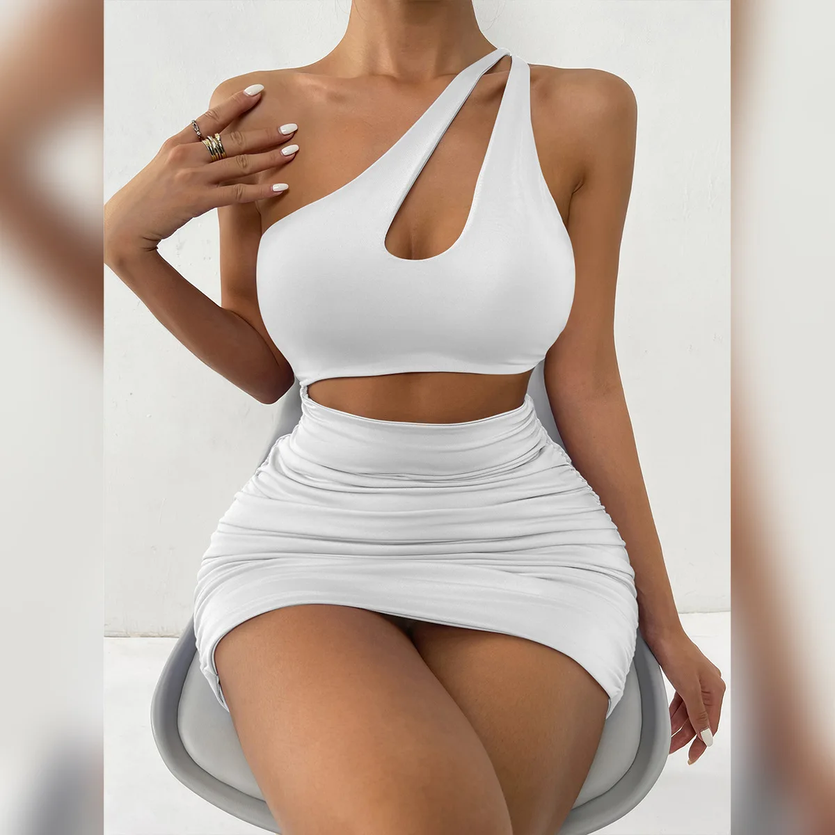 New Sexy One shoulder Hollow out Dress Women Solid Color Cut Out Sexy Women Mini Dress Hip Skirt