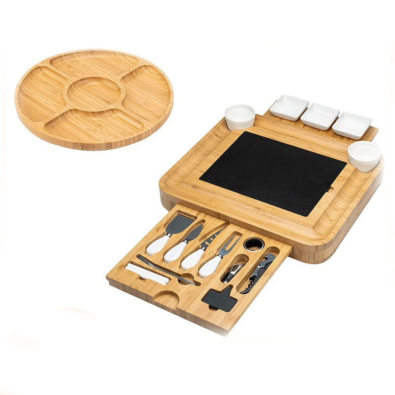 Bamboo Cheese Board and Knife Set with Charcuterie Board Serving Tray Stainless Steel Knife Thick Wooden Server With Bowls