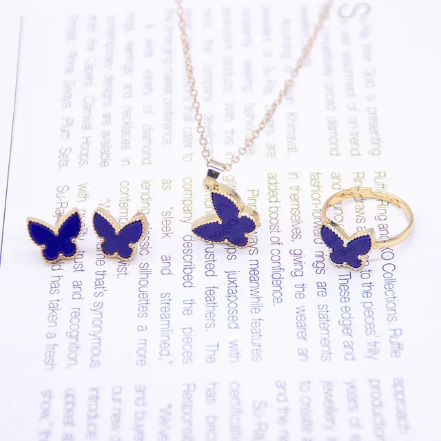 Wholesale Four-leaf Clover Three-piece Earrings Ring Pendant Simple Colorful Butterfly Necklace Set