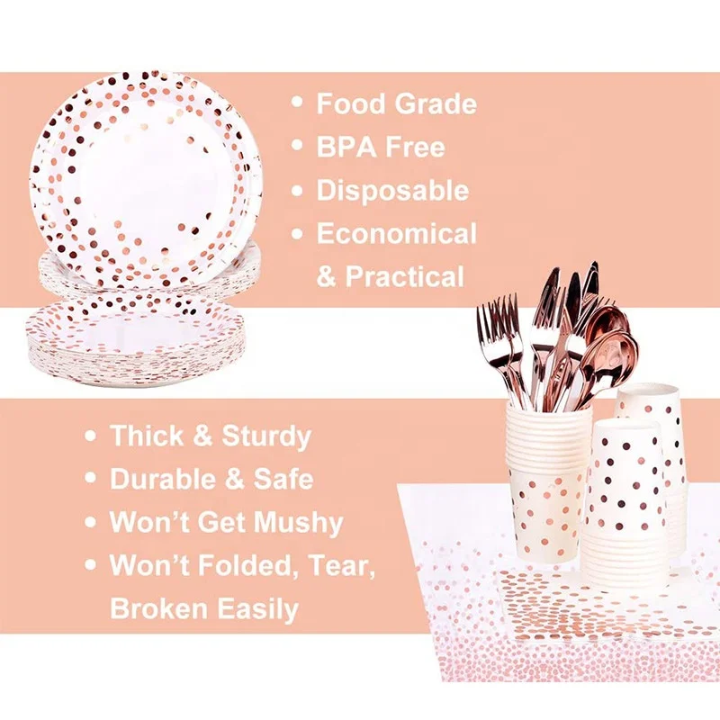 RUI YI 216 PCS 25 Guests Elegant Rose Gold Paper Plates Rose Gold Party Plates party dinnerware set