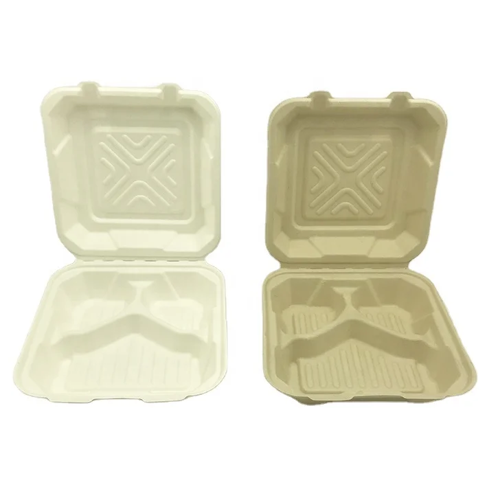 8' Disposable Takeaway Bagasse Compostable Tableware Food Packaging Sugarcane Biodegradable Clamshell Container