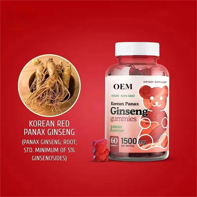 OEM/ODM/OBM Halal Vegan Red Ginseng Immunity Gummy Energy and Support Brain Suger Free Stress Relief Gummies