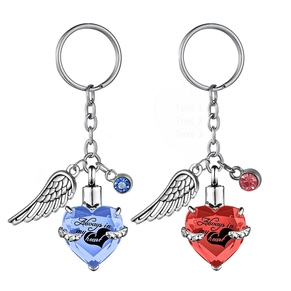Heart with Birthstone and Angel Wing Pendant KeyChain Cremation Urn for Ashes KeyRing Jewelry to Men Women - Always in my heart