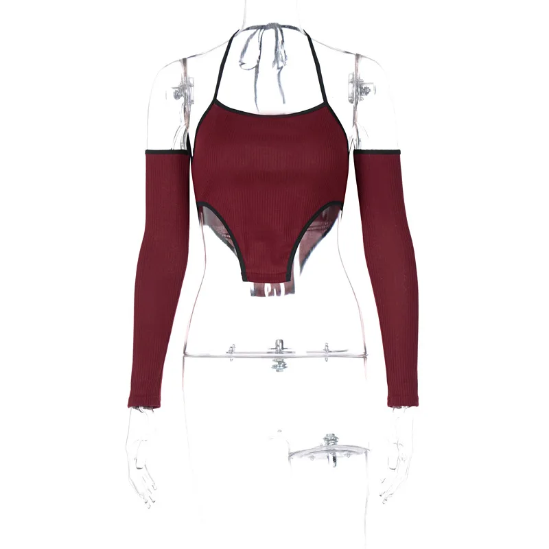 
Long sleeve vest with straps and neck straps Hot girl street style tops Solid color crop tops 