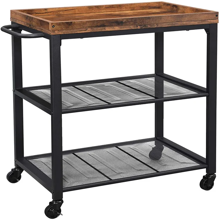 3-tier metal rolling utility cart with handle wheels folding trolley cart for home kitchen black