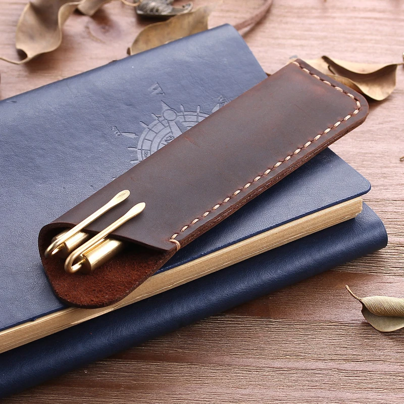 Custom Logo Vintage Genuine Leather Pencil Case Office Crazy Horse Leather Pen Sleeves Pouch Holder