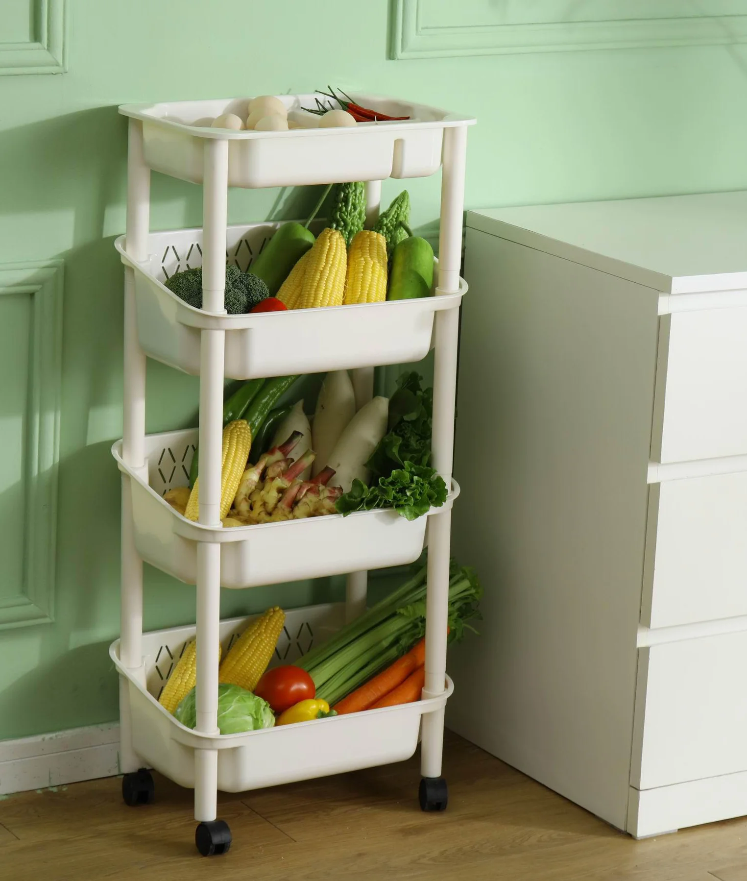 
 4 Tier Movable Shelf Storage and Organization Rack for Kitchen ,Bathroom, Kids Room or Garage  
