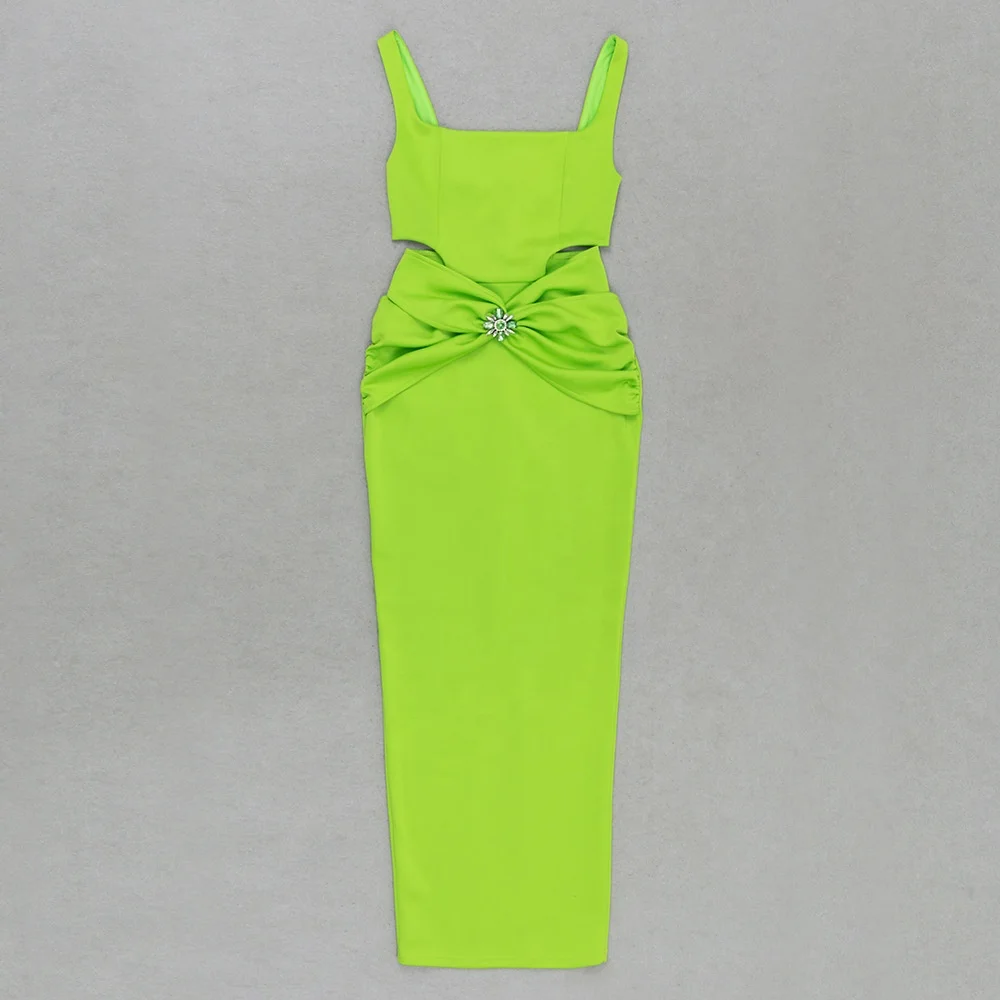 Sexy Sleeveless Waist Hollow Out Long Bandage Dress Women Green Square Collar Straps Backless Bodycon Maxi Party Club Dresses