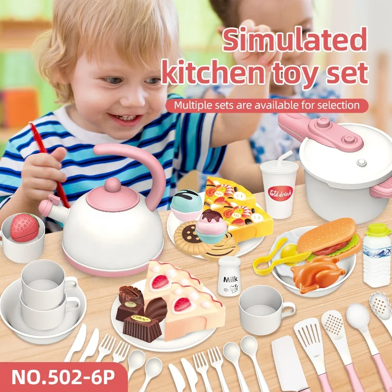OEM European Cooking Kitchen Toys Simulation Kitchen Ware Sound And Light Cooking Utensils Kitchen Tableware Fruit Slice Set