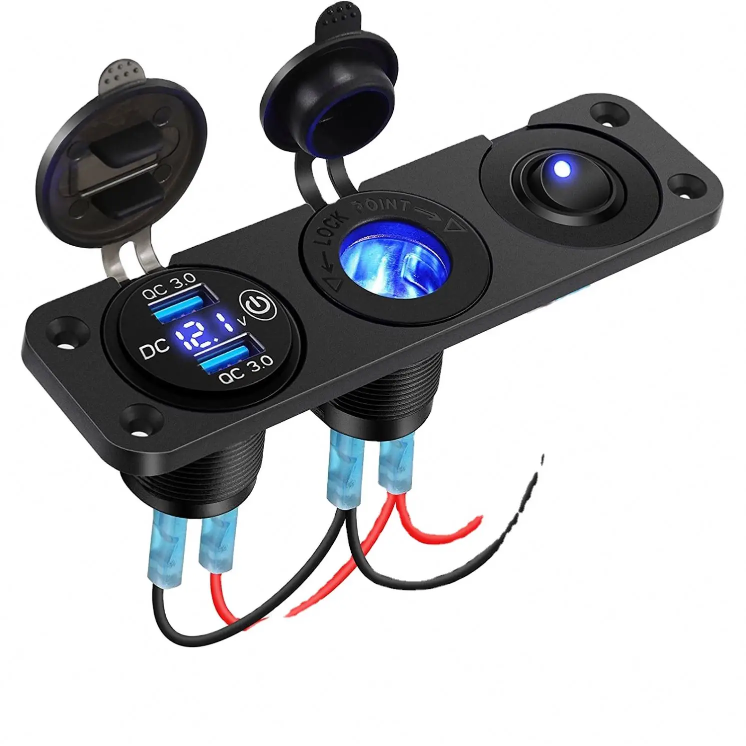 USB Socket PanRuised with Car QC3.0 USB Cigarette Lighter Socket LED Digital Voltmeter Toggle Switch ON/OFF for 12V/24V Vehicles