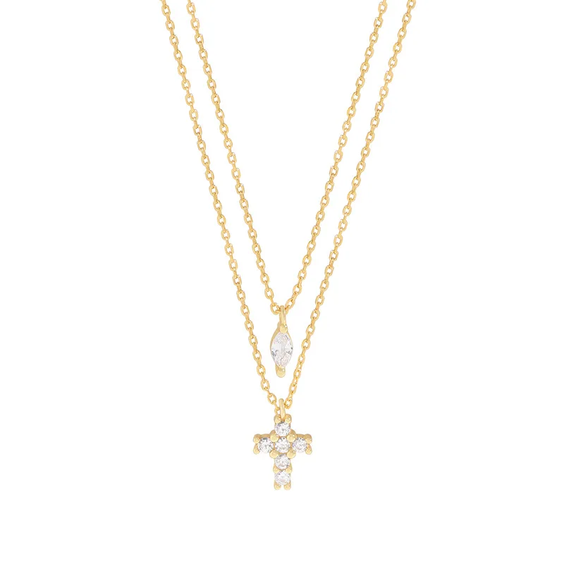Popular Trendy 925 Silver 18K Gold Plated Double Layer Chain Zircon Pave Cross Pear Charm Pendant Necklace