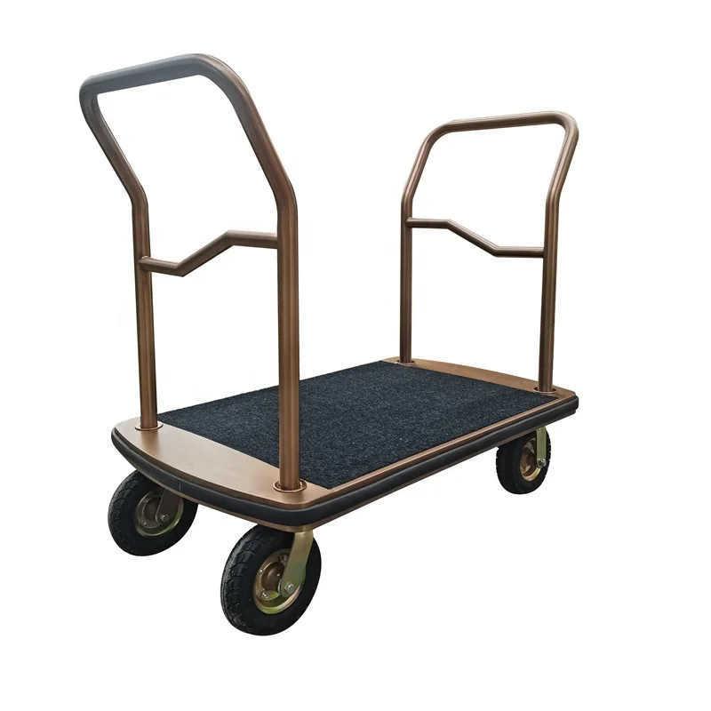 C014 Hotel Platform Stainless Steel Lobby Luggage Bellman Trolley Golden Baggage Hand Truck Cart with Red Carpet