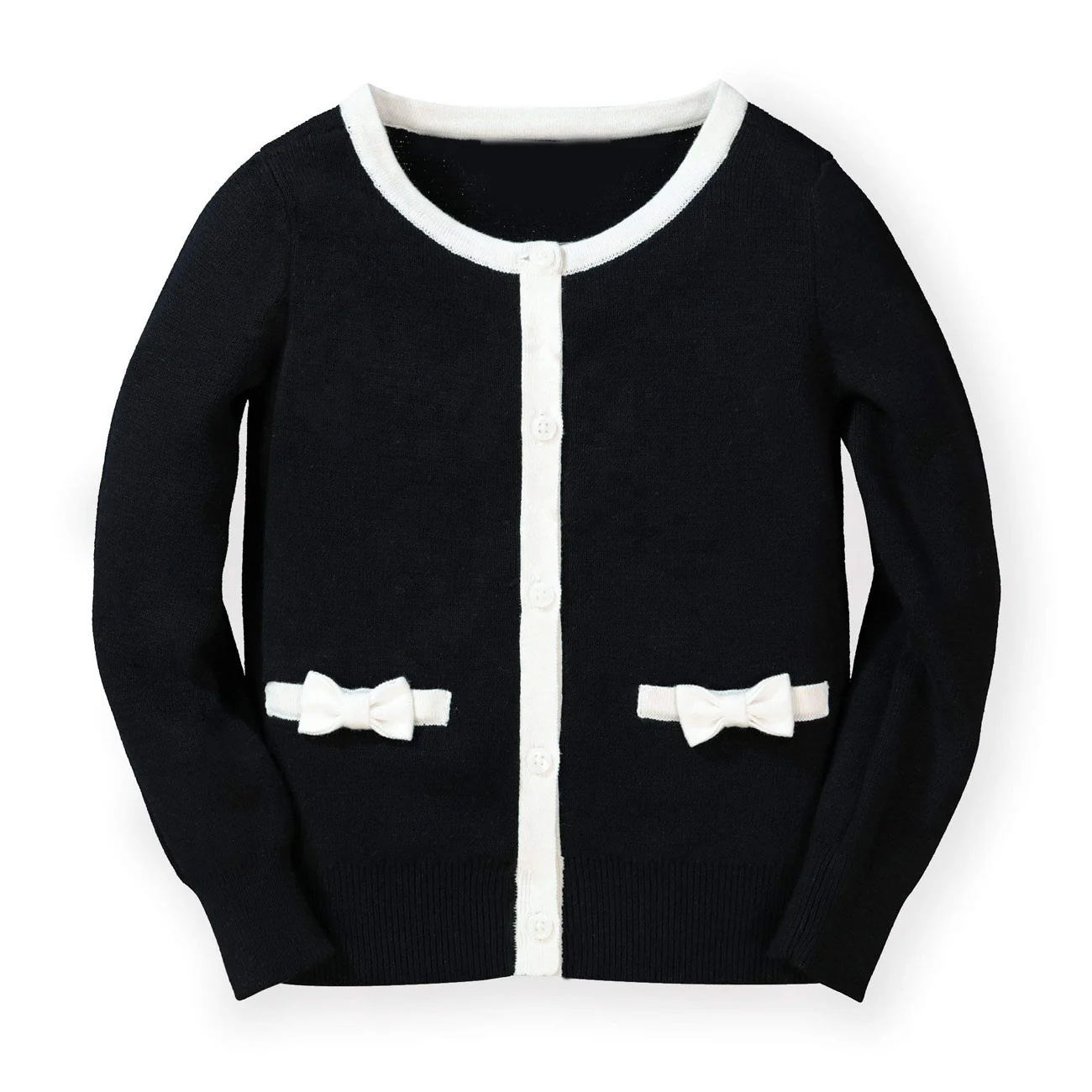 
Custom Pocket Bow Long Sleeve Knitted Crewneck Sweater Girls Cardigan 