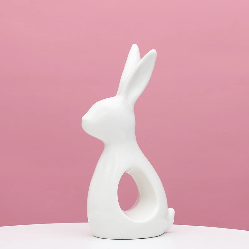 Nordic Decor White Ceramic Hares Figurines Crafts Easter Bunny Art Tabletop Decoration Ceramic Rabbits