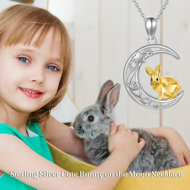 Cute Animal Jewelry Women Girls 925 Sterling Silver Two Tone Necklace Rabbit Moon Star Necklace