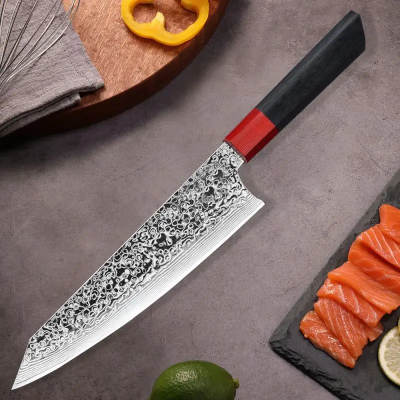 Multipurpose Japanese Vg 10 Damascus Steel Chef Knife Heavy Duty Fixed Blade Knife With Black Handle