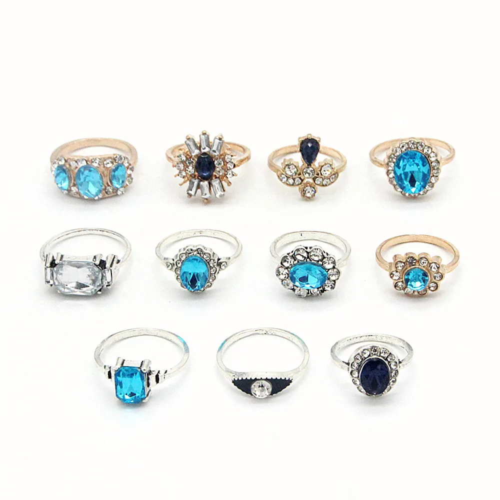 Aug jewelry wholesale 11-piece set ring gold and silver two-color exaggerated diamond sapphire zircon retro joint ring